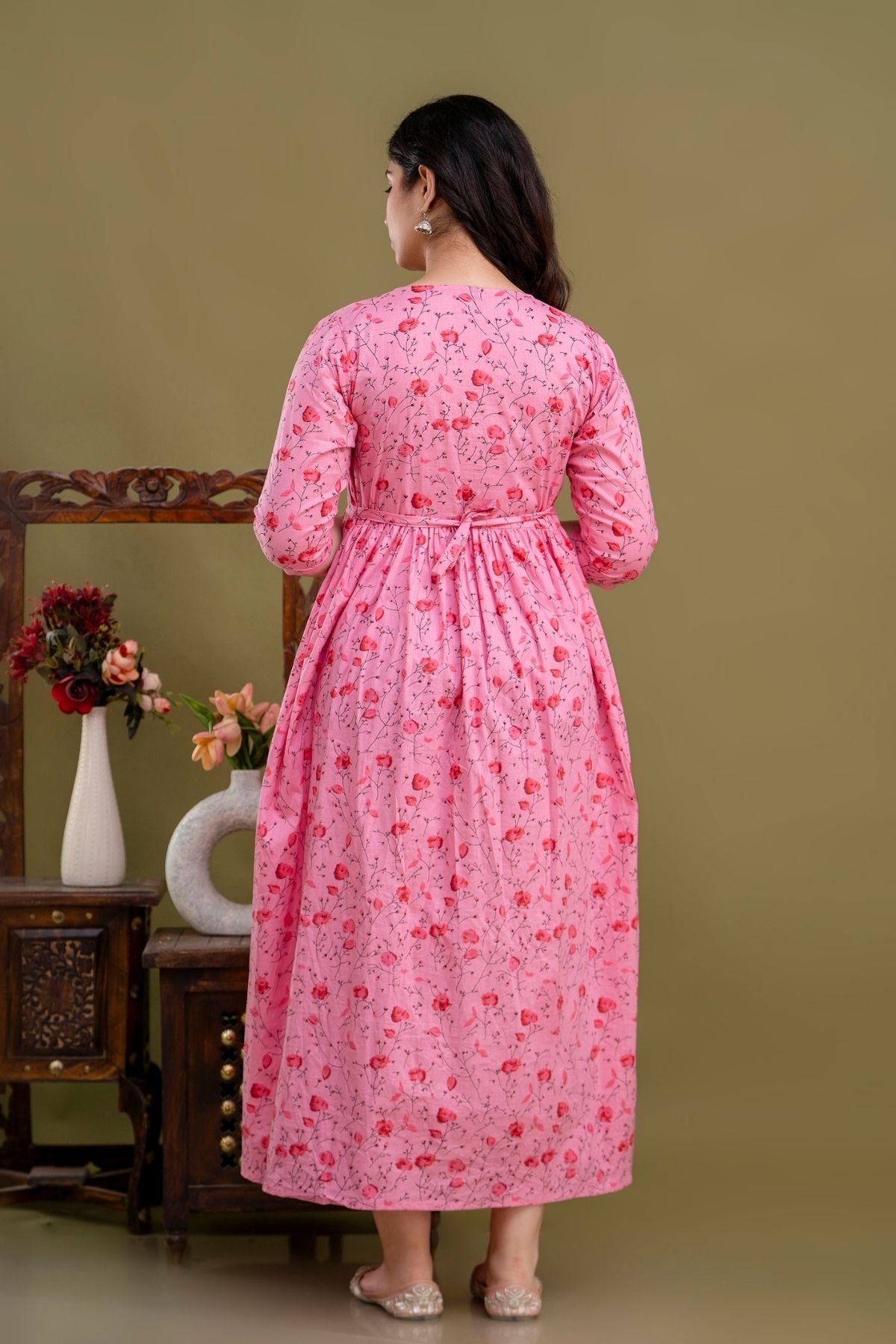 100% Cotton Rose Petal Maternity Dress Nursing-Friendly & Adjustable Waist