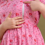 100% Cotton Rose Petal Maternity Dress Nursing-Friendly & Adjustable Waist