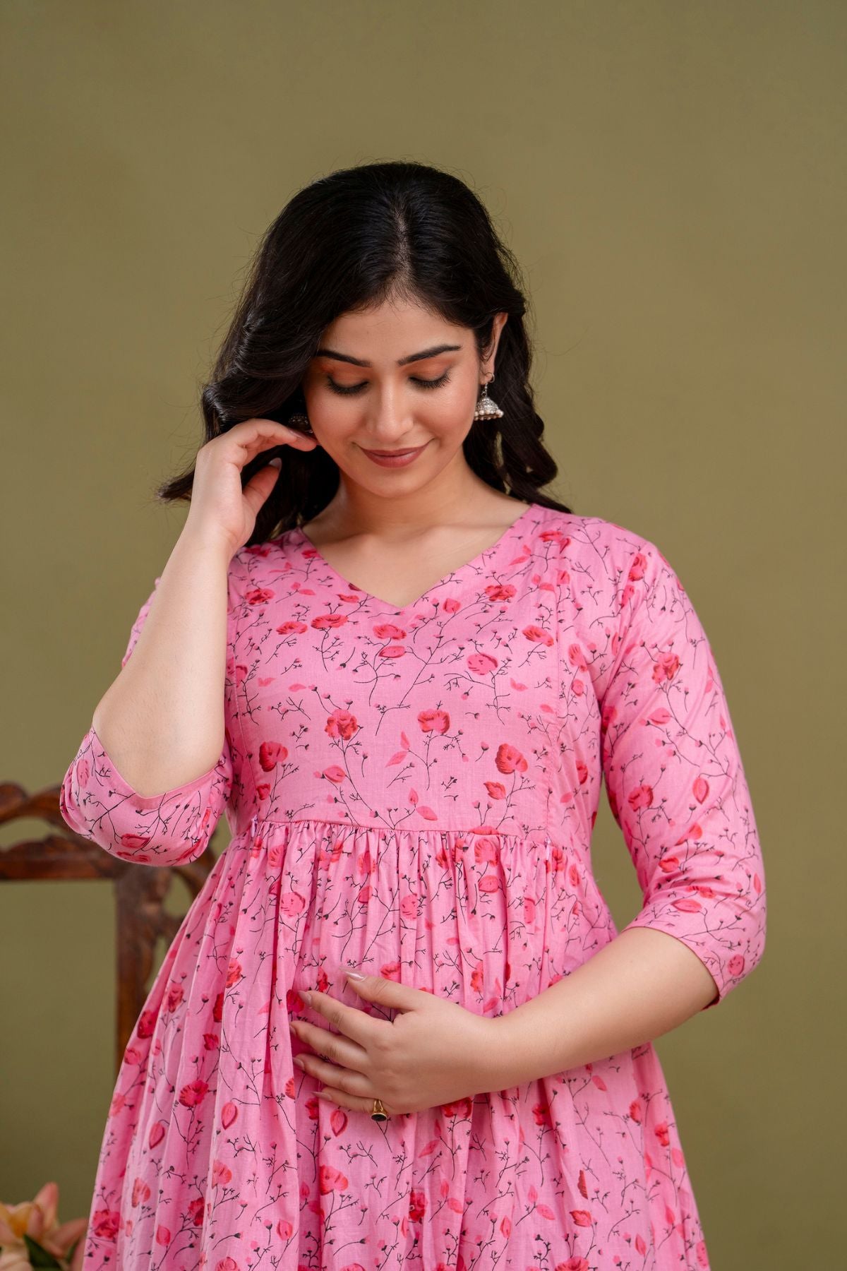 100% Cotton Rose Petal Maternity Dress Nursing-Friendly & Adjustable Waist