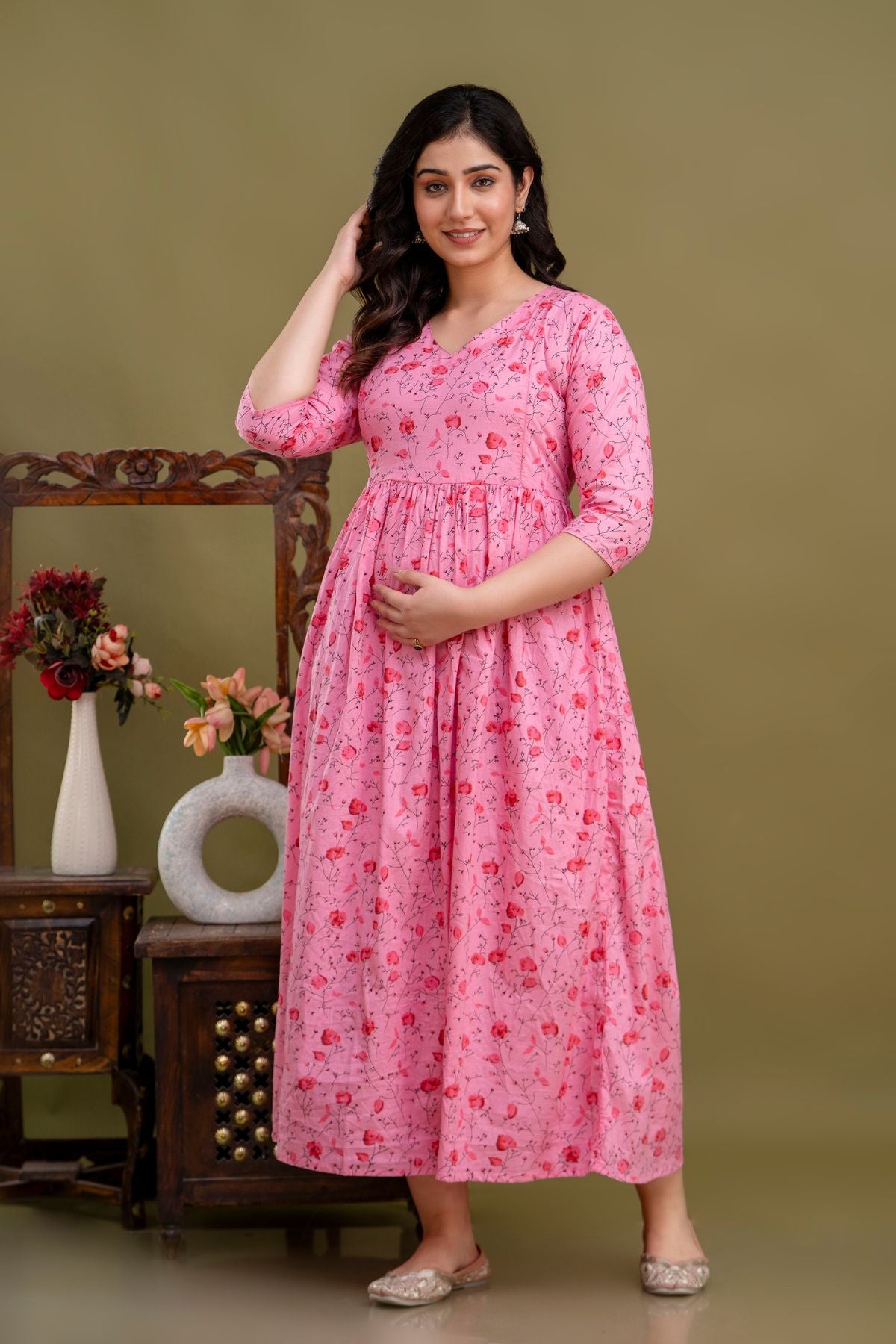 100% Cotton Rose Petal Maternity Dress Nursing-Friendly & Adjustable Waist