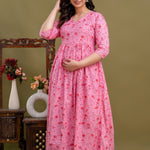 100% Cotton Rose Petal Maternity Dress Nursing-Friendly & Adjustable Waist