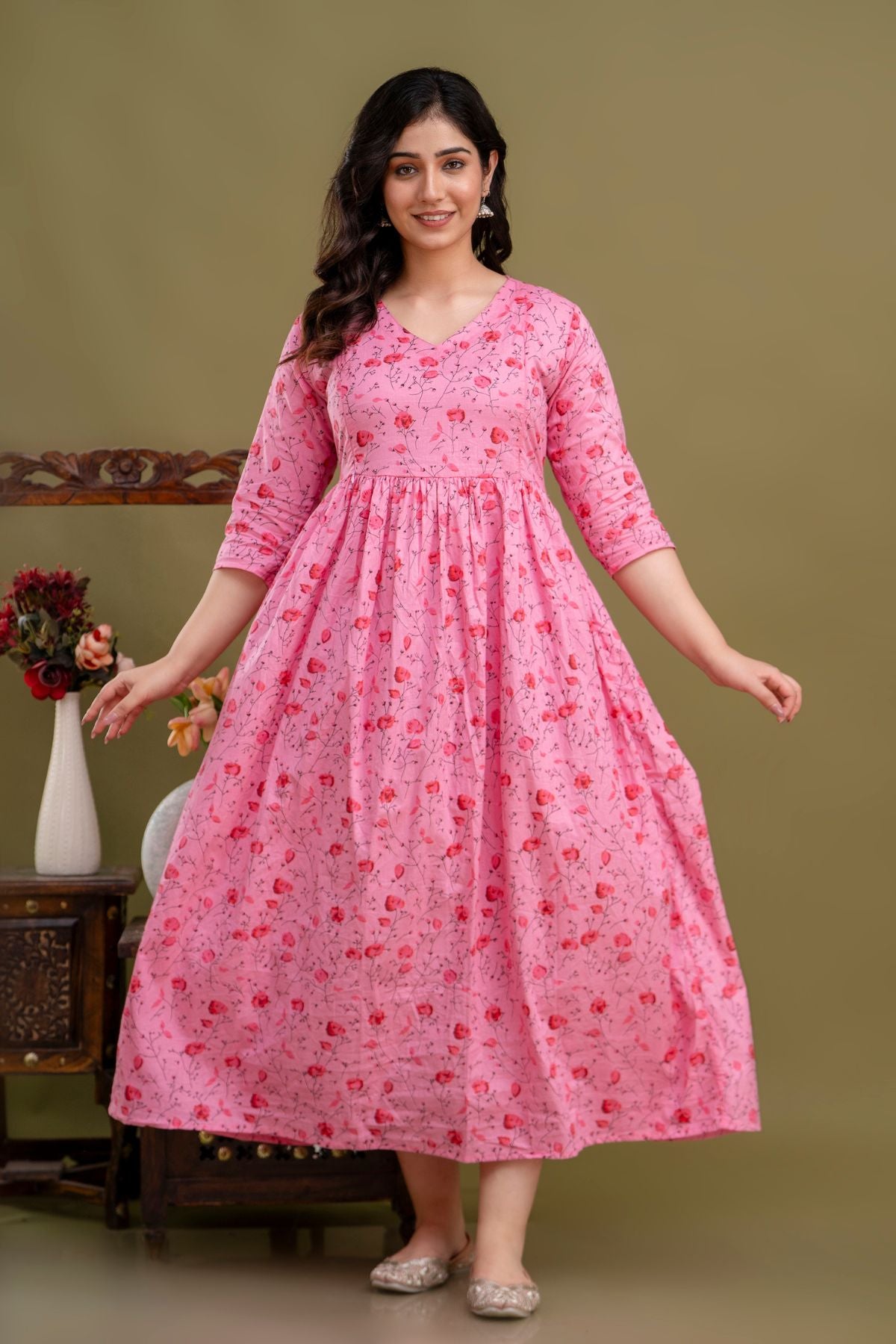 100% Cotton Rose Petal Maternity Dress Nursing-Friendly & Adjustable Waist