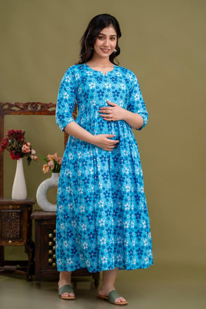 100% Cotton Ocean Blue Maternity Dress Nursing-Friendly & Adjustable Waist