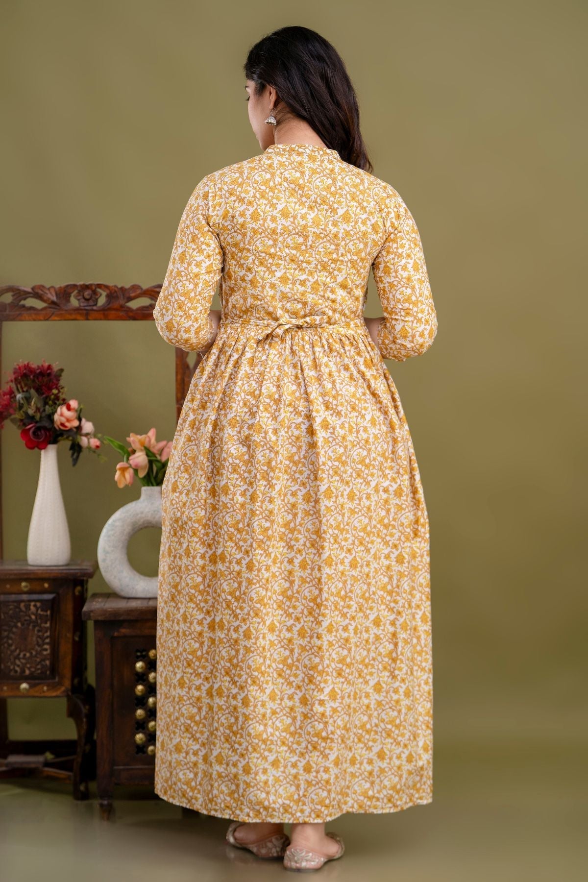 100% Cotton Golden Floral Maternity Dress Nursing-Friendly & Adjustable Waist