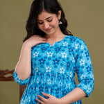 100% Cotton Ocean Blue Maternity Dress Nursing-Friendly & Adjustable Waist