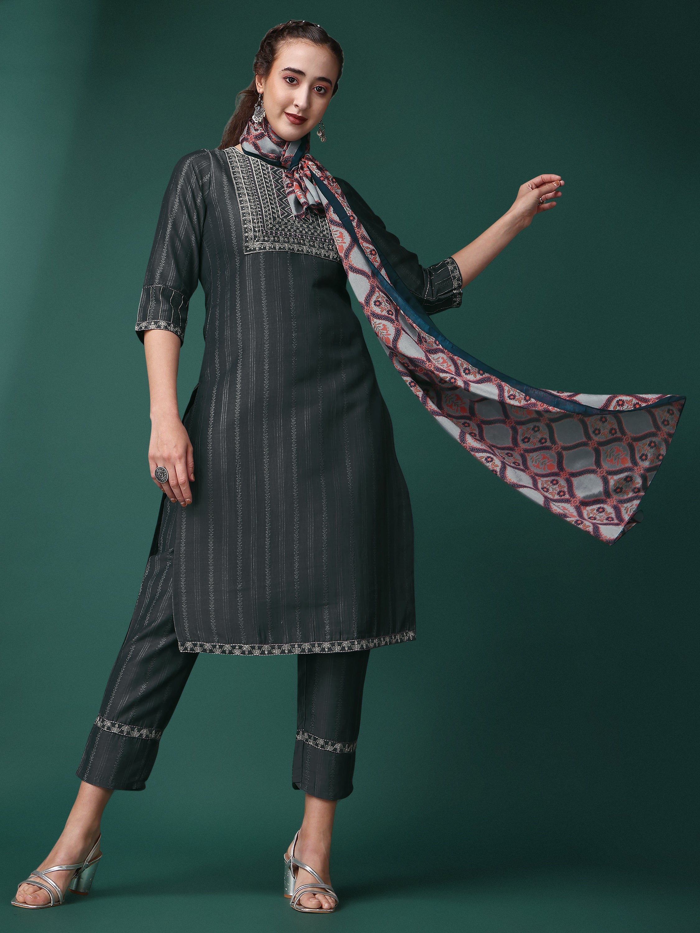 Women Sequence Embroidered Kurta With Pant And Dupata Set