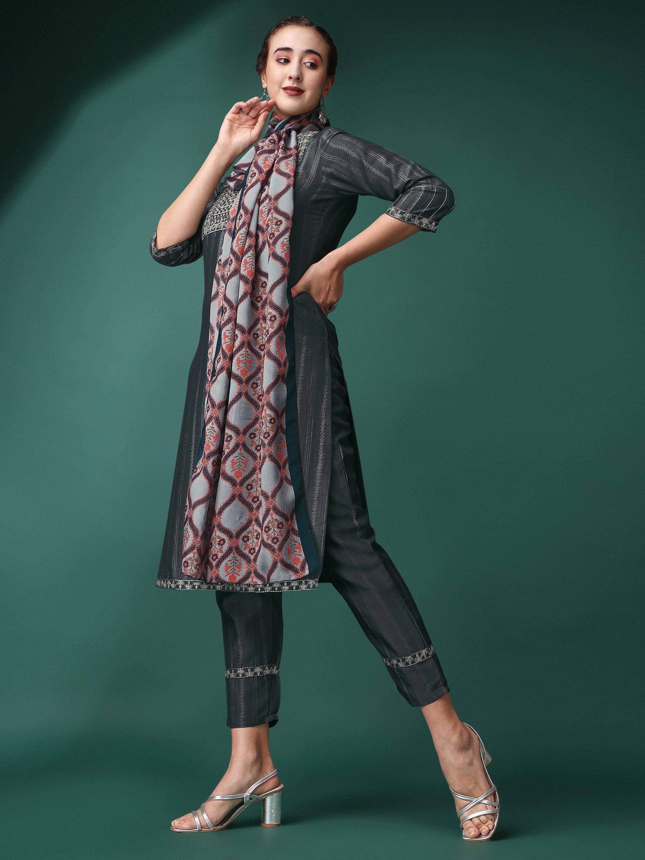 Women Sequence Embroidered Kurta With Pant And Dupata Set