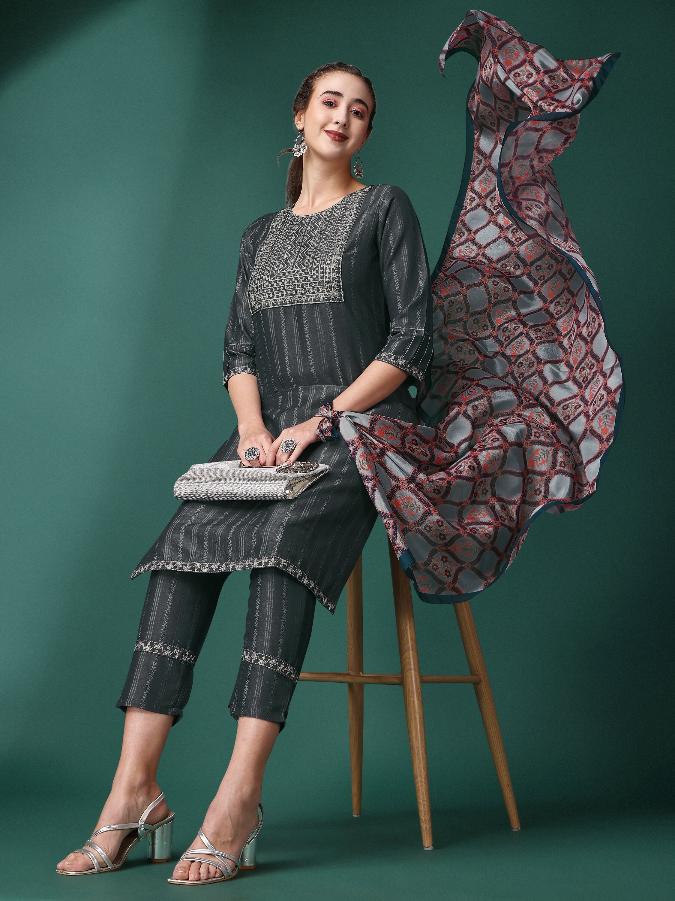 Women Sequence Embroidered Kurta With Pant And Dupata Set