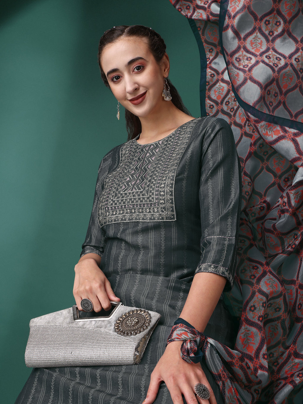 Women Sequence Embroidered Kurta With Pant And Dupata Set