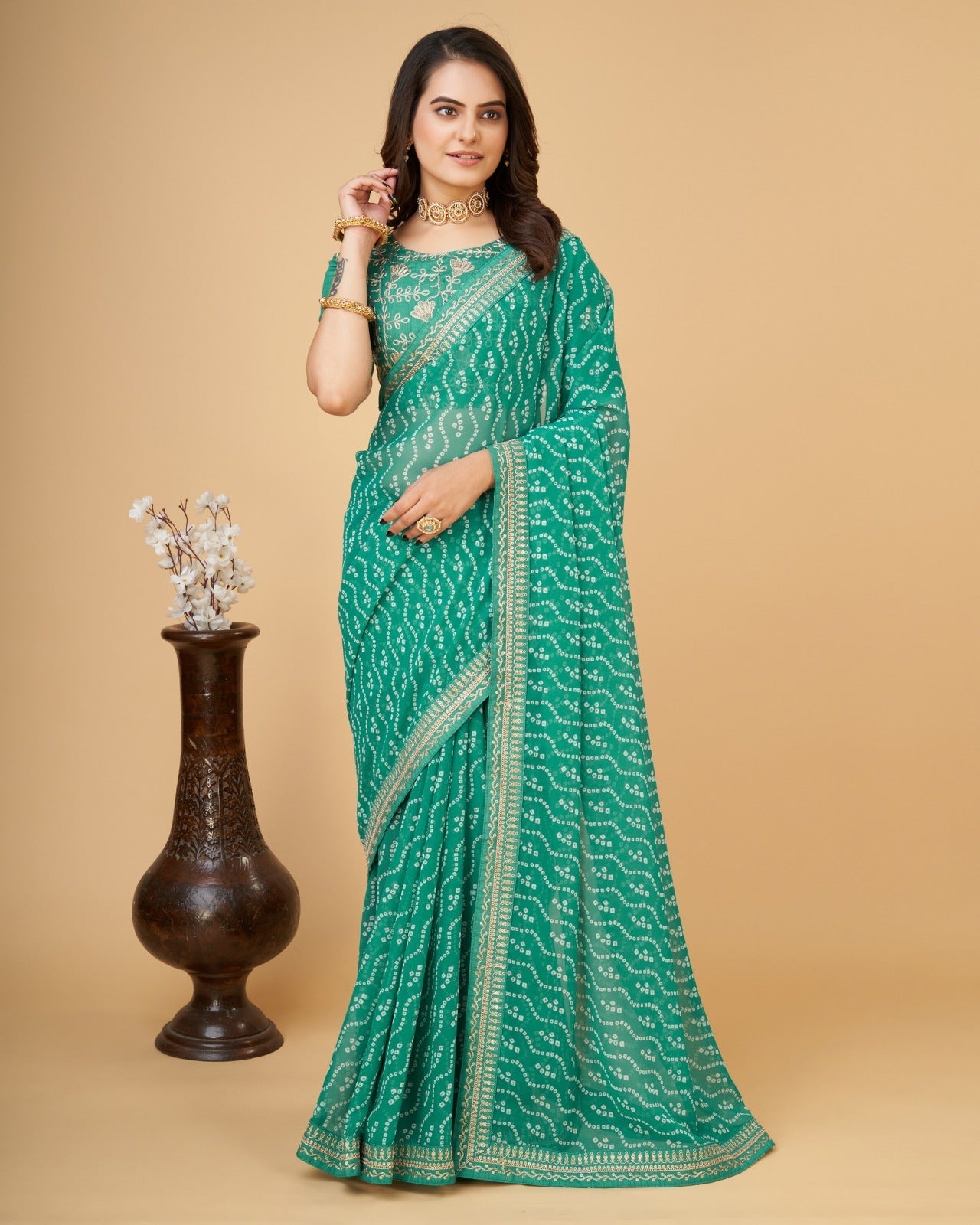 Women print Georgette saree with heavy zari embroidery  work lace and blouse