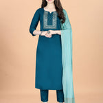 Women Cotton Blend heavy embroidery Kurta With Pant And Dupata Set