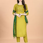 Women Cotton Blend heavy embroidery Kurta With Pant And Dupata Set