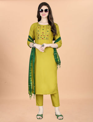 Women Cotton Blend heavy embroidery Kurta With Pant And Dupata Set