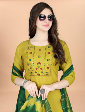 Women Cotton Blend heavy embroidery Kurta With Pant And Dupata Set