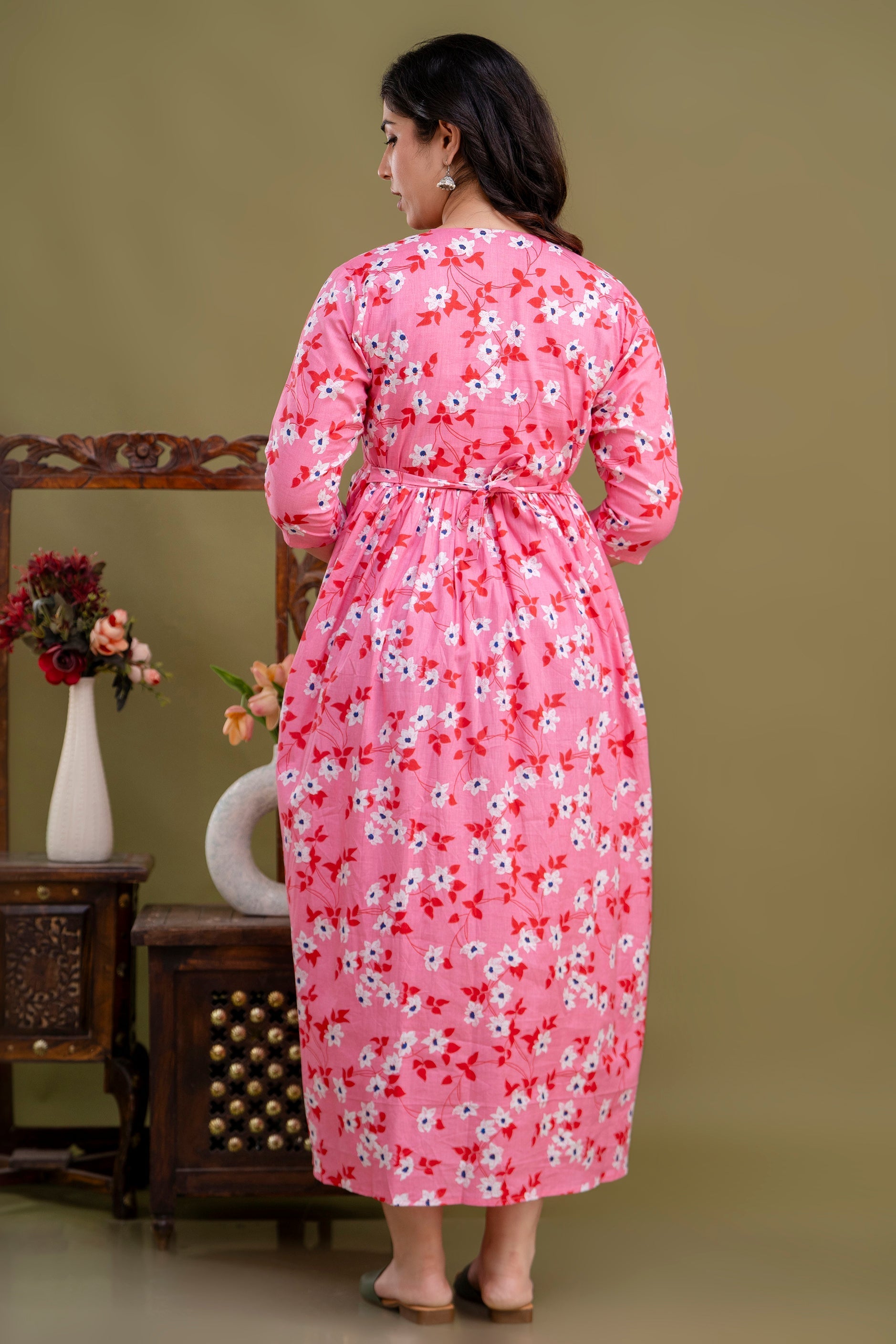 100% Cotton Blush Pink Maternity Dress Nursing-Friendly & Adjustable Waist