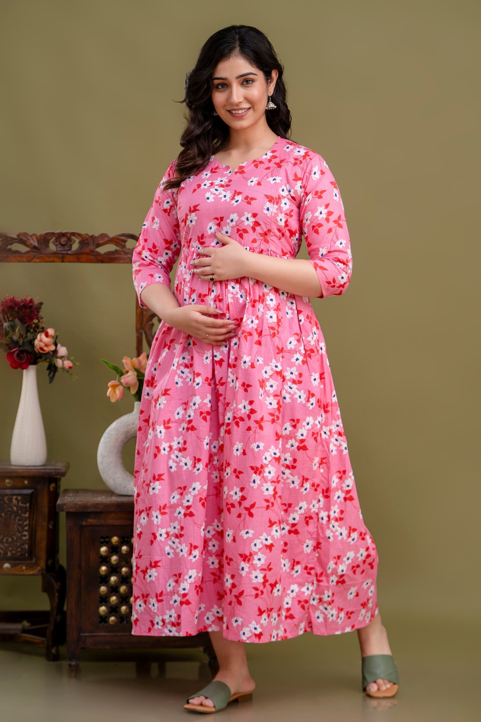 100% Cotton Blush Pink Maternity Dress Nursing-Friendly & Adjustable Waist