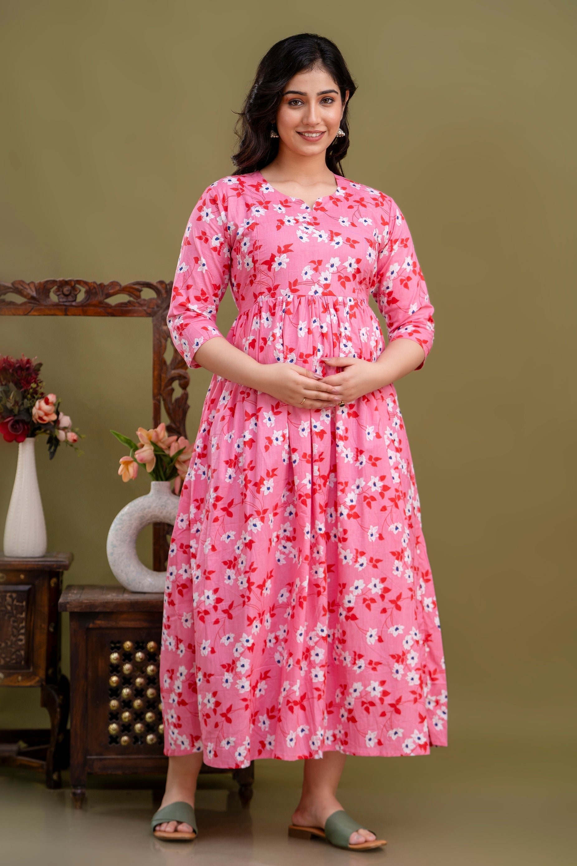 100% Cotton Blush Pink Maternity Dress Nursing-Friendly & Adjustable Waist