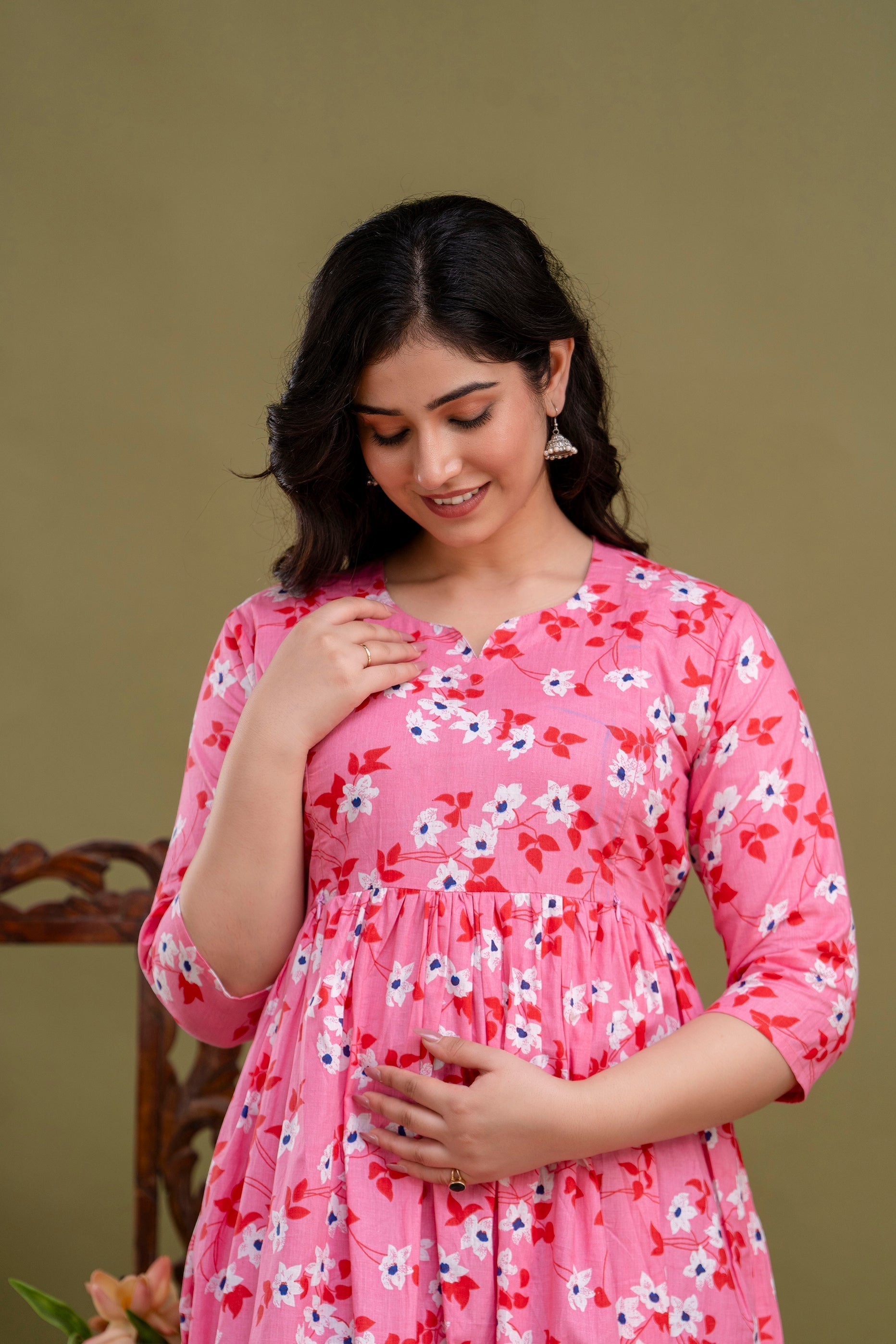 100% Cotton Blush Pink Maternity Dress Nursing-Friendly & Adjustable Waist