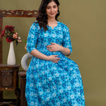 100% Cotton Ocean Blue Maternity Dress Nursing-Friendly & Adjustable Waist