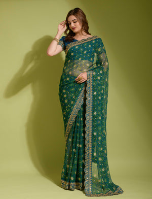 Beautiful Flower print with embroidery cut work lace Saree