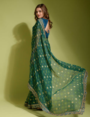 Beautiful Flower print with embroidery cut work lace Saree