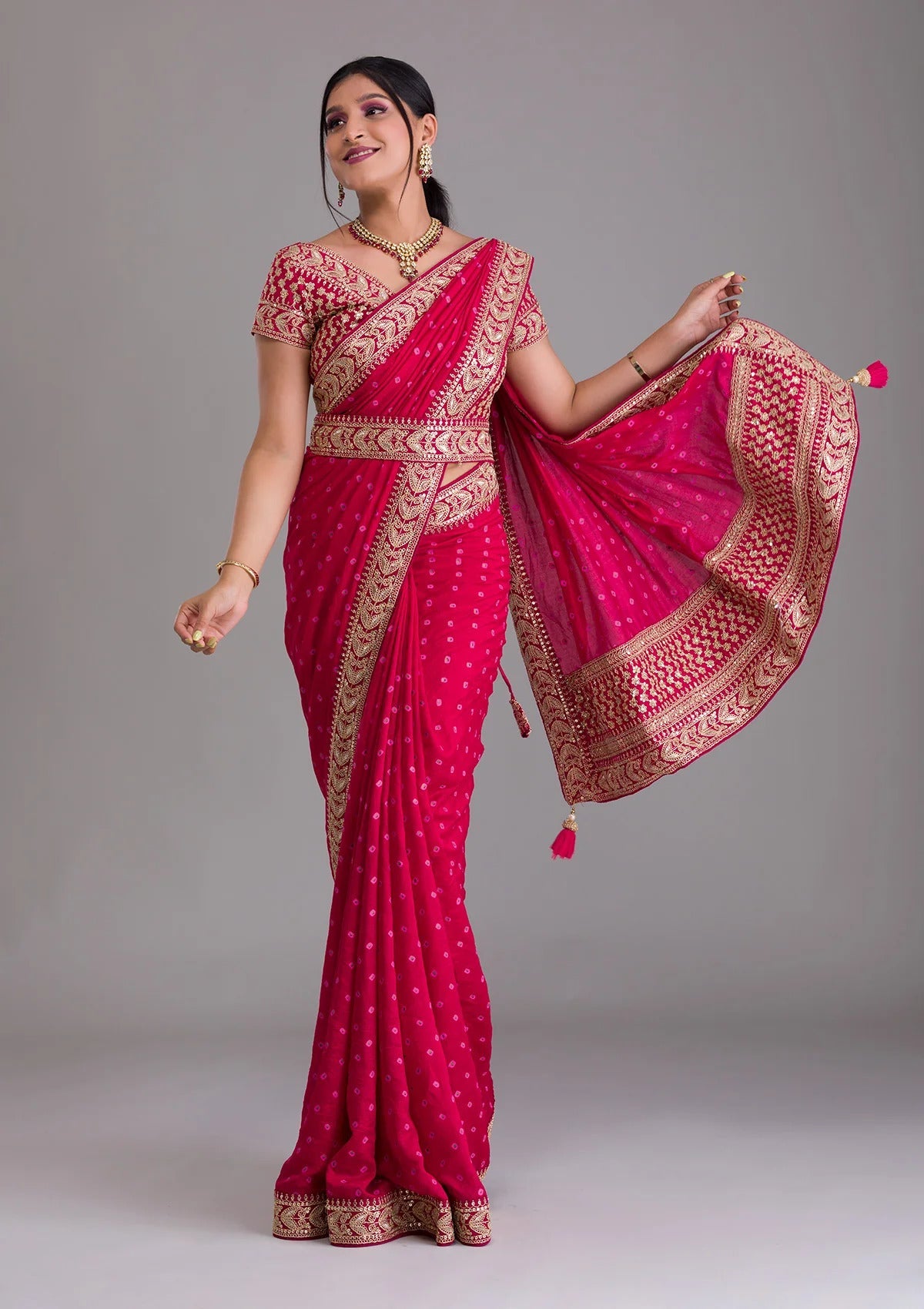 Heavy Pigment Chiffon saree with heavy zari embroidery sequins work lace and blouse With Belt