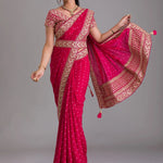 Heavy Pigment Chiffon saree with heavy zari embroidery sequins work lace and blouse With Belt