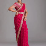 Heavy Pigment Chiffon saree with heavy zari embroidery sequins work lace and blouse With Belt