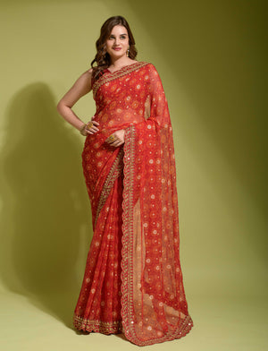 Beautiful Flower print with embroidery cut work lace Saree