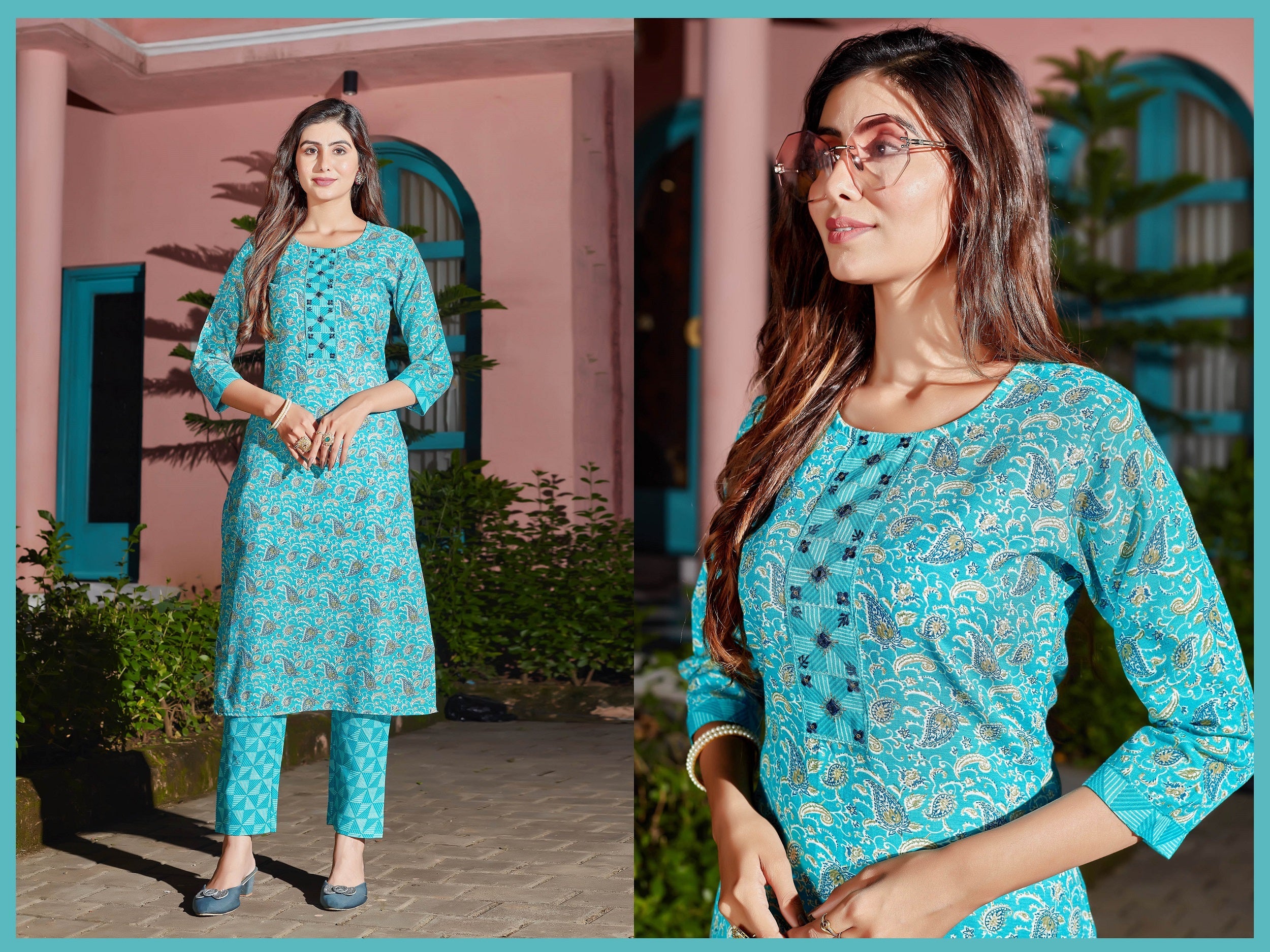 Women Cotton Blend Digital Print Kurta With Pant  Set