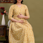 100% Cotton Golden Floral Maternity Dress Nursing-Friendly & Adjustable Waist