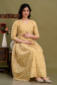 100% Cotton Golden Floral Maternity Dress Nursing-Friendly & Adjustable Waist