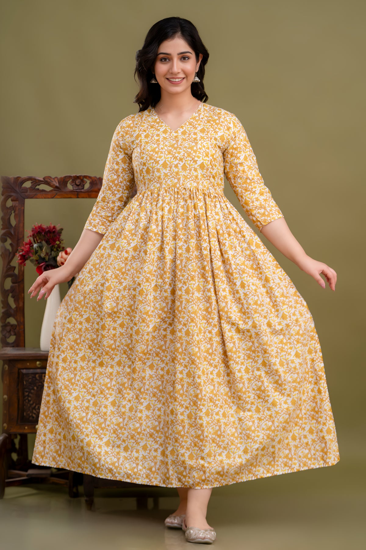 100% Cotton Golden Floral Maternity Dress Nursing-Friendly & Adjustable Waist