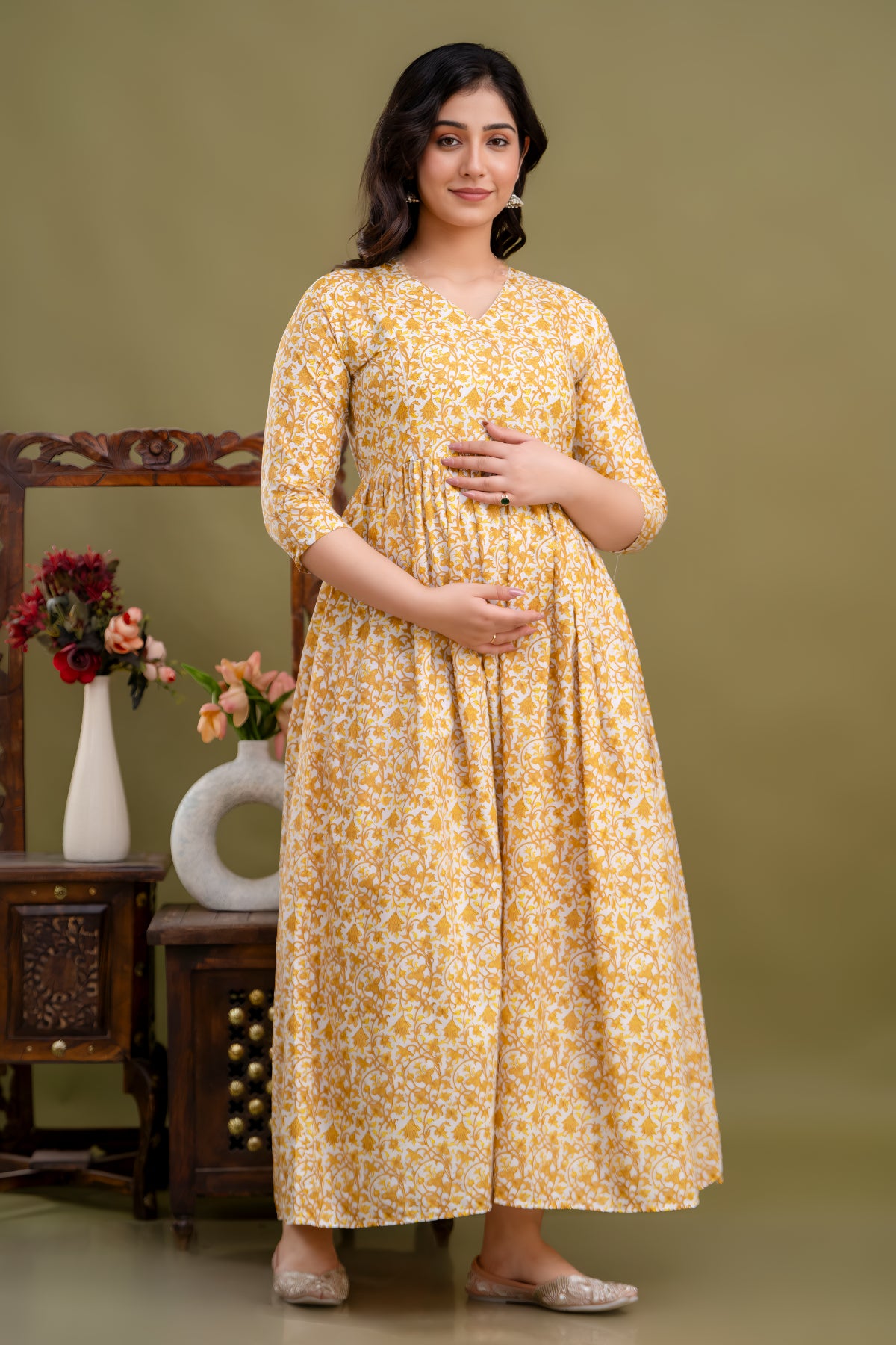 100% Cotton Golden Floral Maternity Dress Nursing-Friendly & Adjustable Waist