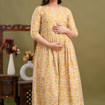 100% Cotton Golden Floral Maternity Dress Nursing-Friendly & Adjustable Waist