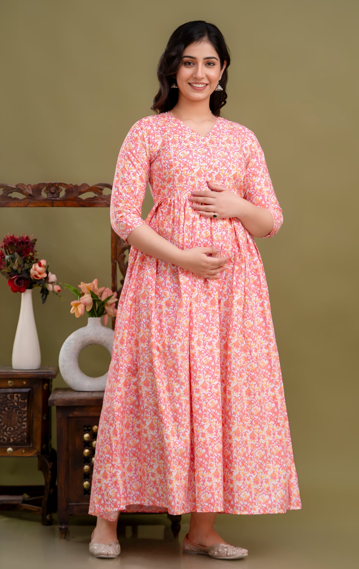 100% Cotton Coral Maternity Dress Nursing-Friendly & Adjustable Waist