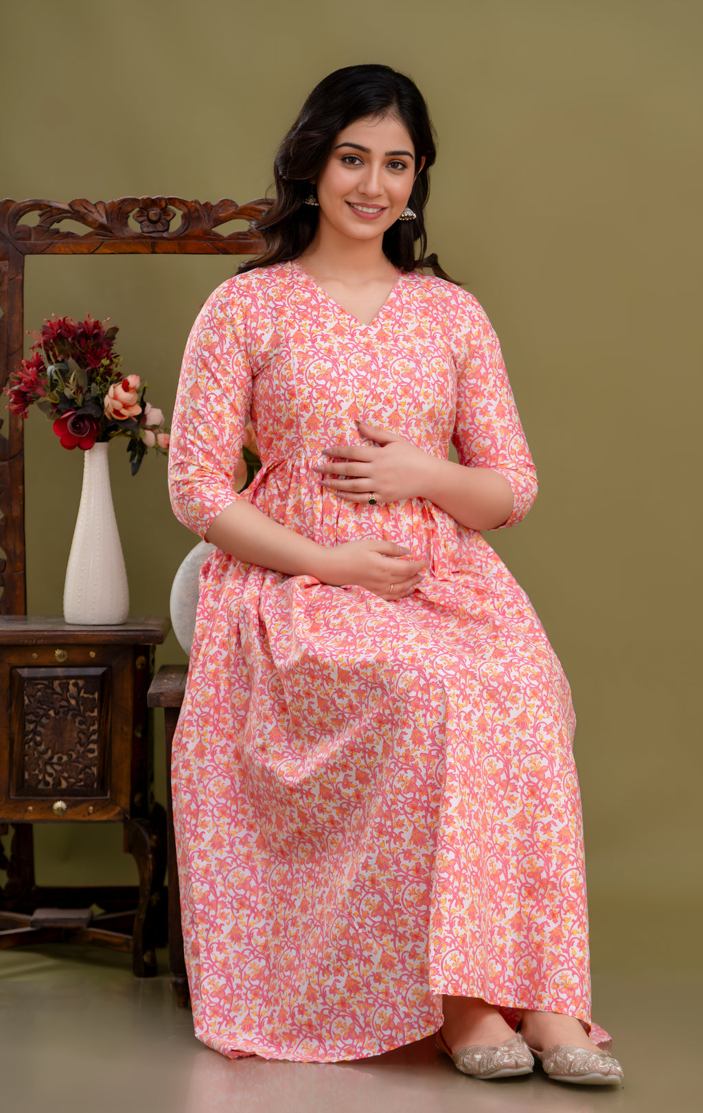 100% Cotton Coral Maternity Dress Nursing-Friendly & Adjustable Waist