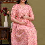 100% Cotton Coral Maternity Dress Nursing-Friendly & Adjustable Waist