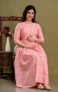 100% Cotton Coral Maternity Dress Nursing-Friendly & Adjustable Waist