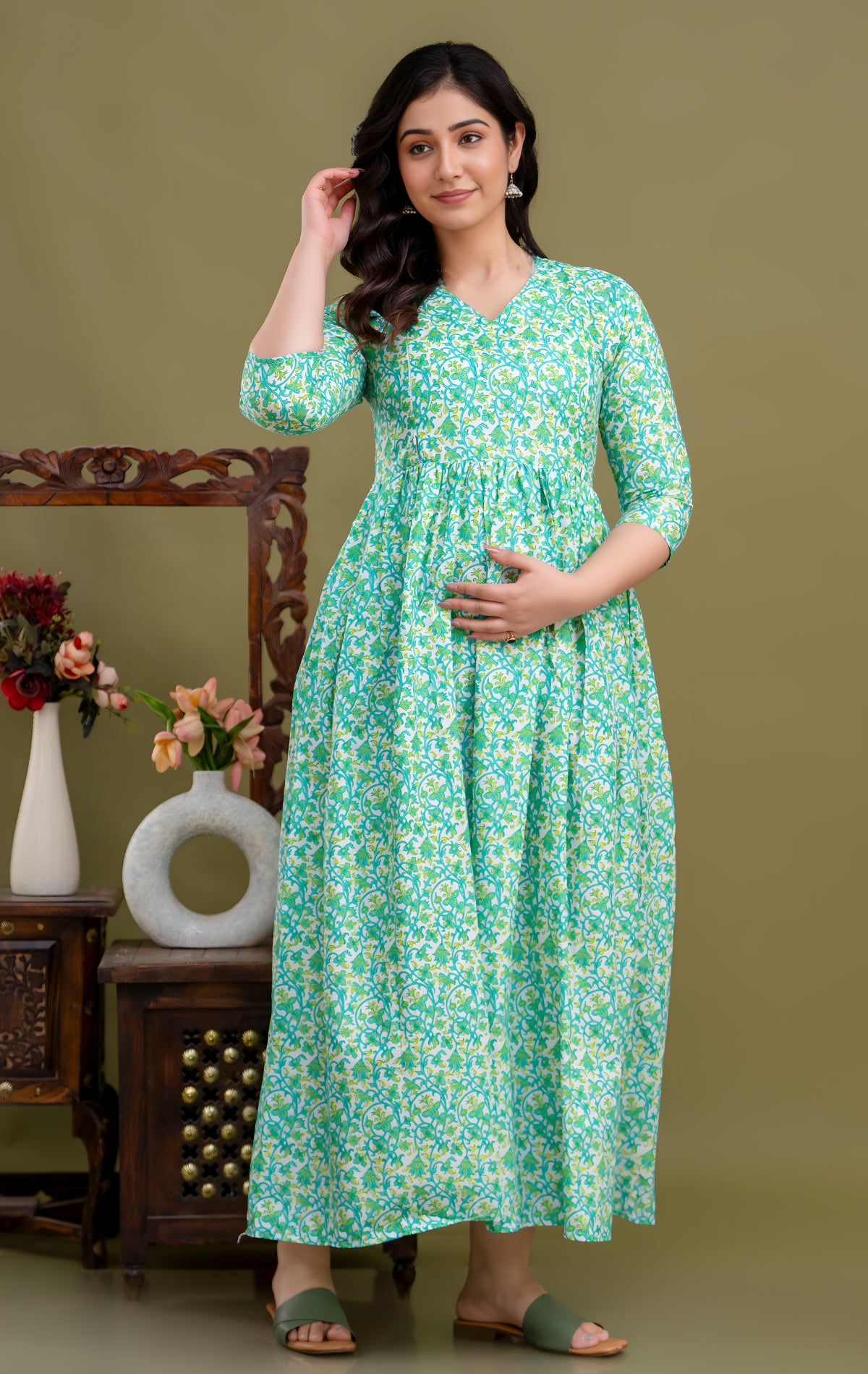 100% Cotton Aqua Maternity Dress Nursing-Friendly & Adjustable Waist