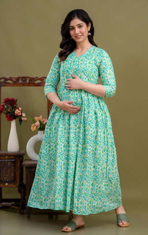 100% Cotton Aqua Maternity Dress Nursing-Friendly & Adjustable Waist