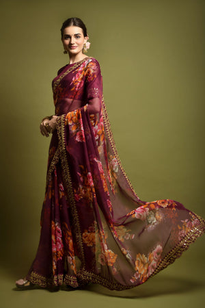 Beautiful Flower print with embroidery cut work lace Saree